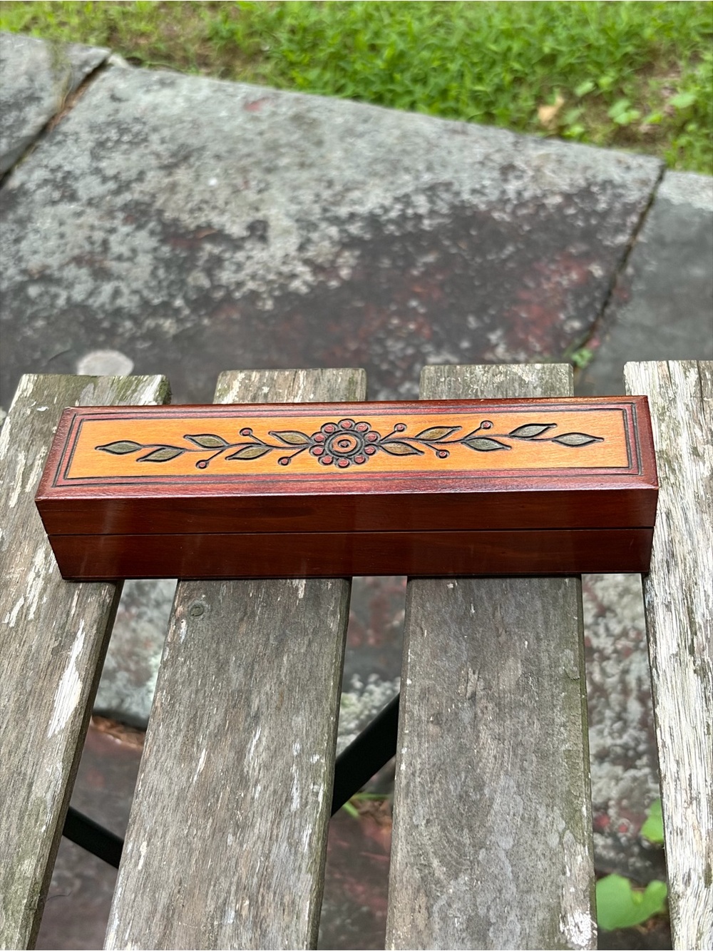 Polish Wooden Hinged Trinket Jewelry Box - Ornate Folk Art Style Florals